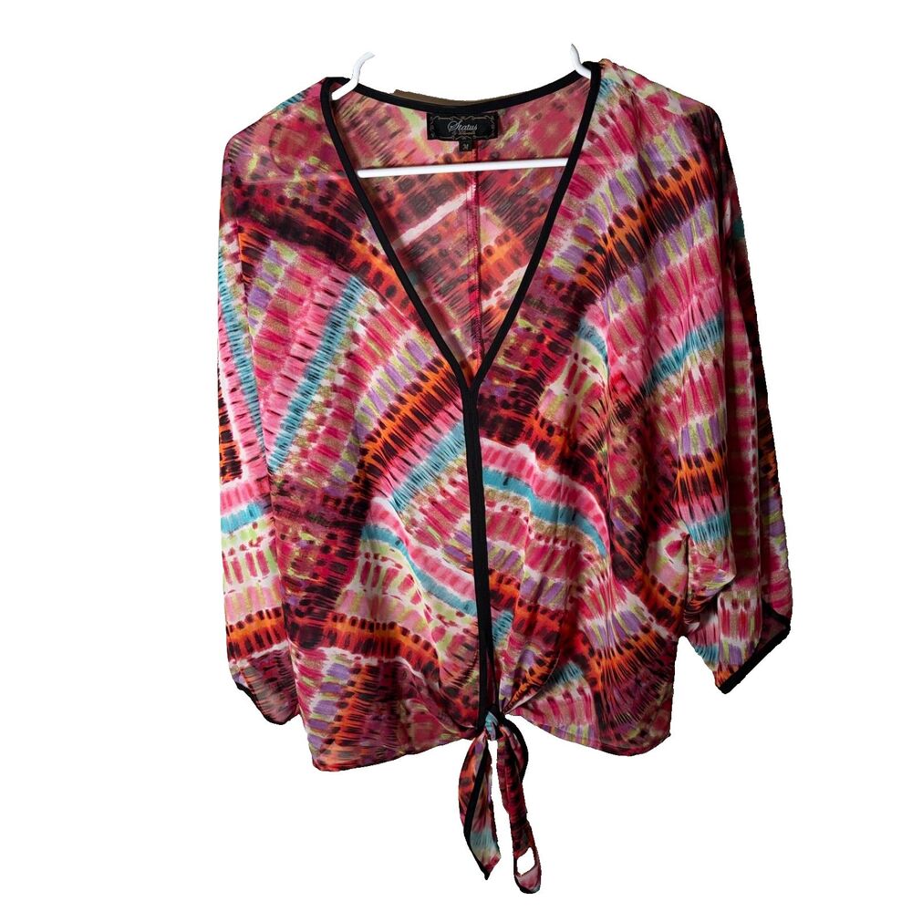 Status by Chenault Blouse Women's Medium Tie Dye V-Neck Tie 3/4 Sleeve Sheer
